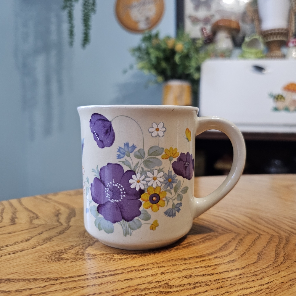 Ceramic Floral Poppy Mug with Purple and Yellow Flowers Coffee Tea